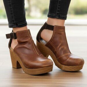 Free People Amber Orchard Heel Platform Clog Two Tone Brown Leather Sz 8.5 EU39